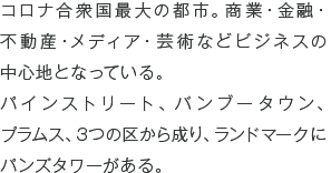 コロナ合衆国最大の都市。商業・金融・不動産・メディア・芸術などビジネスの中心地となっている。パインストリート、バンブータウン、プラムス、3つの区から成り、ランドマークにパンズタワーがある。